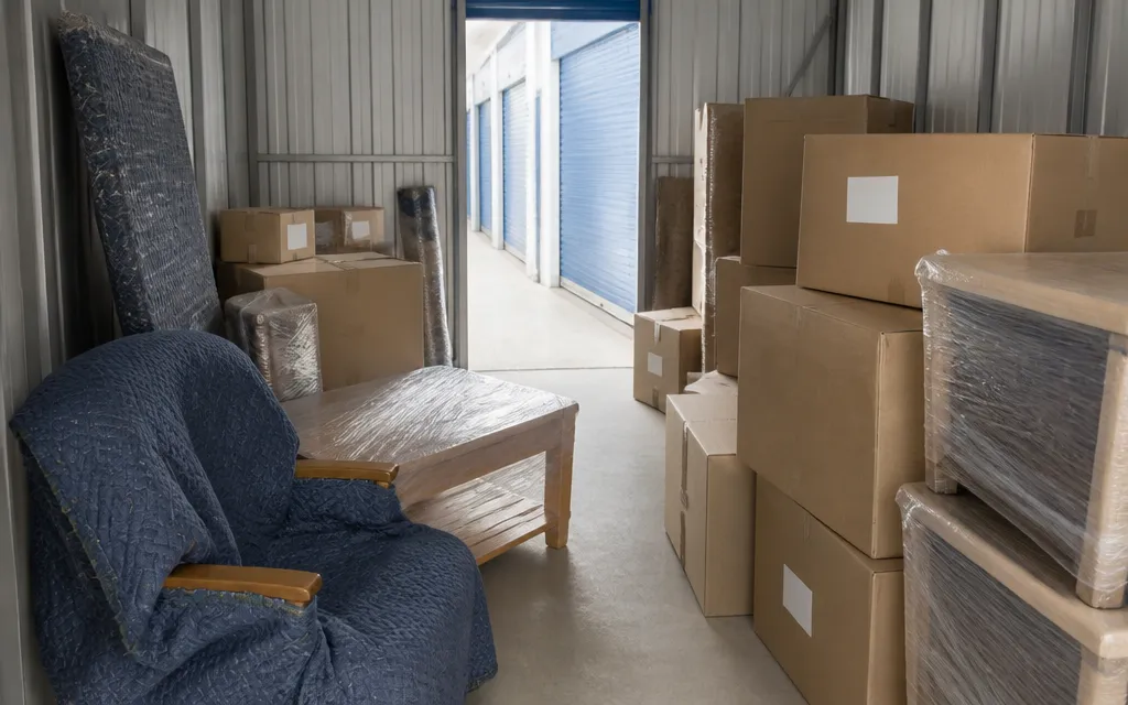 Meubles emballés et cartons prêts au transport dans un box de stockage